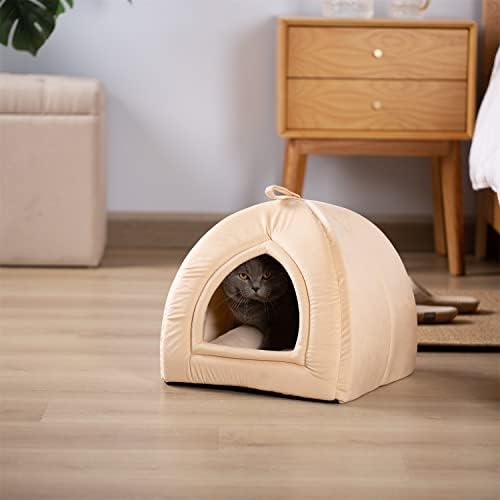 KASENTEX Cat Bed for Indoor Cats, 2-in-1 Cat House Pet Supplies for Large Cat or Small Dog - Animal Cave, Cat Tent with Removable Washable Pillow Cushion (Camel 19x19x19)