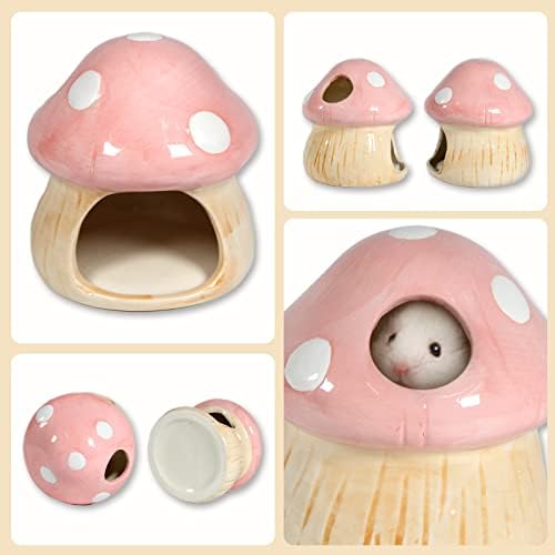Ceramic Mushroom Hamster Hideout with Food Bowl, Small Animal House(Pink)