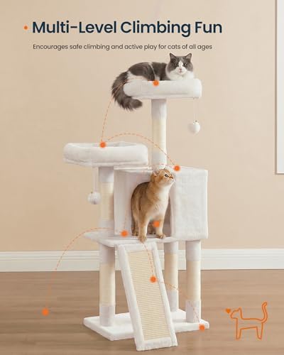 SONGMICS HOME Cat Tree, Cat Tower with Cat Cave, Scratching Ramp, Sisal Scratching Posts, Multi-Level Cat Condo for Indoor Cats, White