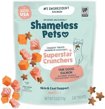 Shameless Pets Crunchy Cat Treats - Kitty Treats for Cats with Skin & Coat Support, Natural Ingredients Kitten Treats with Real Salmon, Healthy Flavored Feline Snacks - Yam Good Salmon, 1-Pk
