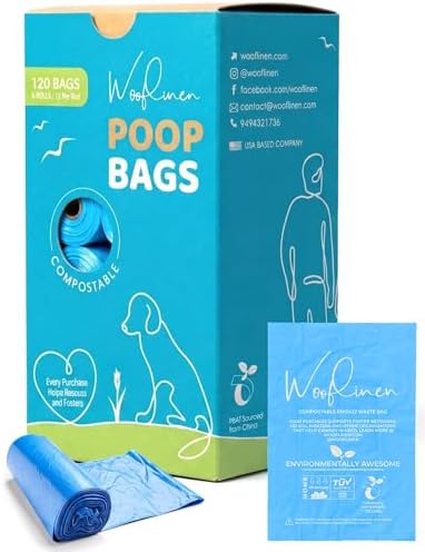 Wooflinen Home Compostable Dog Poop Bags – Leak-Proof Dog Poop Bags Rolls – Large 9x13”, Durable, Easy Tear – Made from Plant & PBAT Material – For Big & Small Dogs – 120 Bags (8 Rolls)