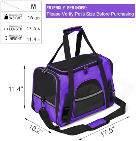 Dog Cat Carrier Soft for Small Pet Up to 16 Lbs TSA Airline Approved Travel Carrier Collapsible Puppy Car Mesh Bag 17.5 * 10.2 * 11.4 inch - Purple