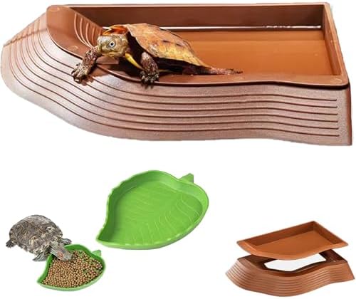 3PCS Tortoise Water Bowls with Ramp Leaf Tortoise Food Dish Reptile Food Water Bowls Reptile Bathing Pool Aquarium Ornament for Gecko, Snake, Turtle, Bearded Dragon, Lizard (Large)