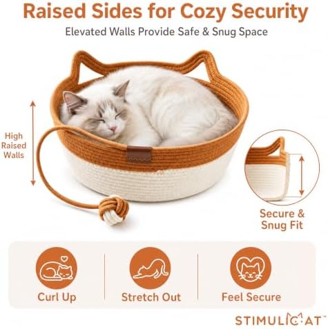 Handwoven Cat Basket Bed, Natural Cotton Rope Cat Bed with Hanging Ball Toy, Breathable Woven Cat Nest,Scratchable Basket for Sleeping, Playing and Relaxing (Green Large(15-31lbs |19" Wide))