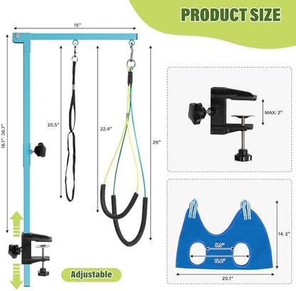 getlstub Dog Grooming Arm with Pet Grooming Hammock, 35" Pet Grooming Table Arm with Adjustable No Sit Haunch Holders, Dog Grooming Stand with Loop Noose for Small and Medium Pets, Blue