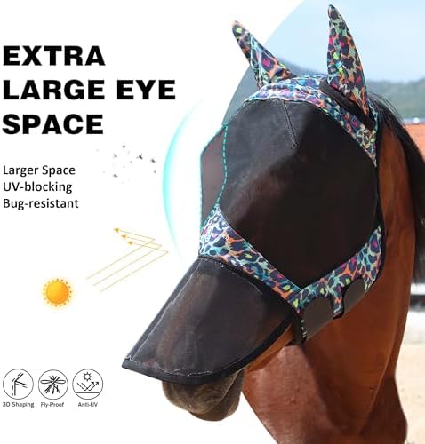 Harrison Howard Pro LumiVista Horse Full Face Fly Mask Large Eye Space Long Nose with Ears UV Protection for Horse Iridescent Prints L