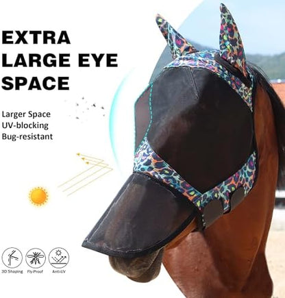 Harrison Howard Pro LumiVista Horse Full Face Fly Mask Large Eye Space Long Nose with Ears UV Protection for Horse Iridescent Prints L