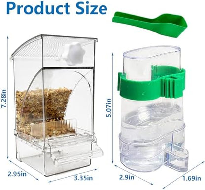 Hamiledyi No Mess Bird Feeders Water Dispenser Set Automatic Parakeet Cage Feeder with Perch Transparent Acrylic Container Parrot Cage Accessories for Canary Budgie Lovebirds Finches