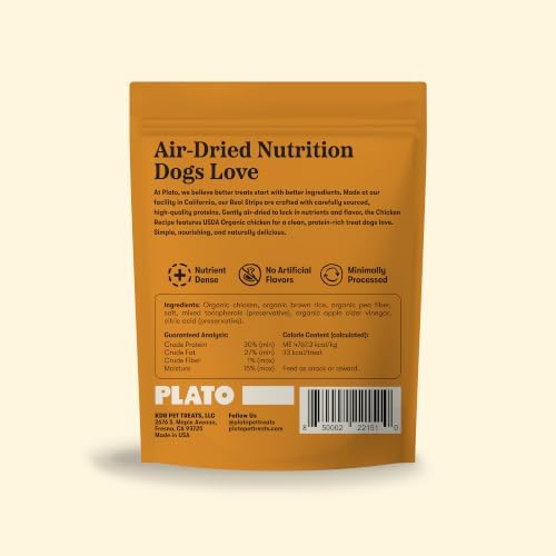 Plato Real Strips Organic Chicken Recipe Dog Treats, Air-Dried USDA Organic High-Protein Soft Strips, 18 oz