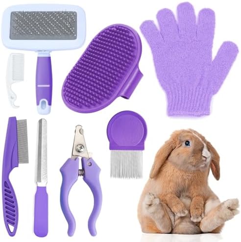 VCZONE 8 Pcs Small Animal Grooming Kit, Rabbit Grooming Kit with Pet Nail Clipper and File, Flea Comb, Pet Shampoo Bath Brush, Pet Shedding Slicker Brush, Bath Massage Glove, Cleaning Comb (Purple)