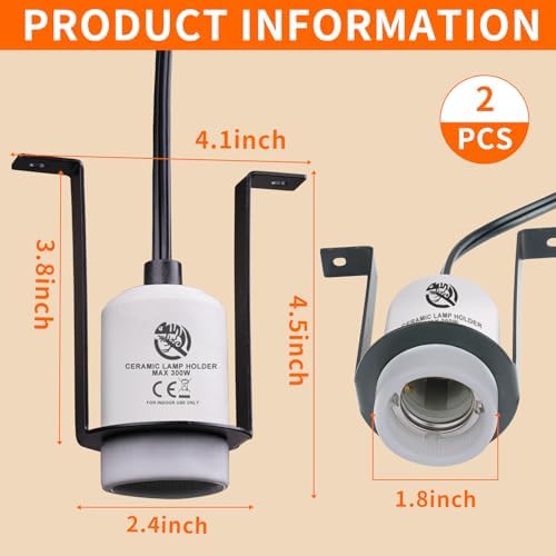 Reptile Ceramic Heat Lamp Holder Heat Light Heater for Terrariums and Vivariums, Lizard Heat Lamp Bracket Light Fixture (Cord 150cm, Max 300W-2 Pack)