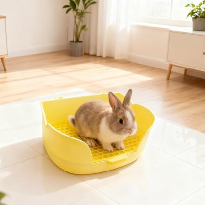 PINVNBY Rabbit Cage Litter Box,Plastic Bunny Litter Pan Detachable Rabbits Corner Potty Training Bedding Boxes with Grate for Guinea Pig Chinchilla Hedgehog Ferret(Yellow)