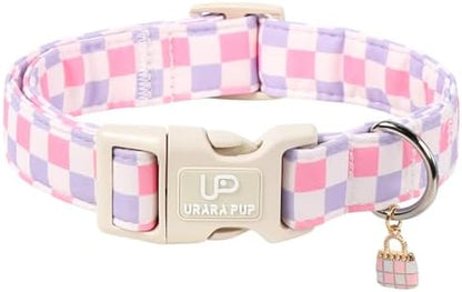 Cute Plaid Cotton Dog Collar, Pink Purple Checkered Dog Collar, Soft Adjustable Puppy Collars with Charm & Quick Release Buckle for Small Medium Large Dogs