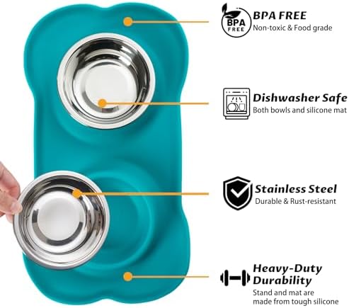 Hubulk Pet Dog Bowls 2 Stainless Steel Dog Bowl with No Spill Non-Skid Silicone Mat + Pet Food Scoop Water and Food Feeder Bowls for Feeding Small Medium Large Dogs Cats Puppies (Small, Green)