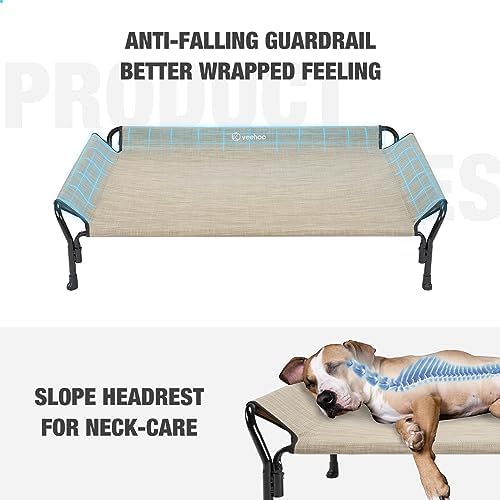 Veehoo Cooling Elevated Dog Bed, XL Raised Pet Cot with Guardrail & Slope Headrest, Durable Breathable Teslin Mesh, Non-Slip Feet, Washable Dog Couch Bed for Indoor & Outdoor, 50.5" x 33.5", Beige