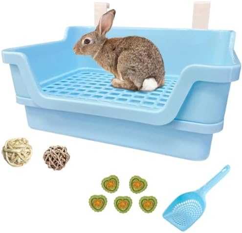PINVNBY Large Rabbit Litter Box Deep Bunny Corner Toilet Box Double-Deck Small Animal Potty Trainer with Hooks for Adult Guinea Pig Chinchilla Ferret Chipmunk(Blue)