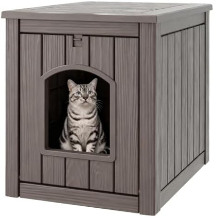 Cat Litter Box Enclosure, Plastic Hidden Litter Box Side Table with Openable Front Door, Waterproof & Weatherproof Cat House for Indoor & Outdoor Use (Gray)