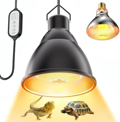 Reptile Light Fixture,7inch Deep Dome Reptile Light Fixture with 3/6/12 Timer, Infrared Reptile Heat Lamp Max 150W Blub, for Turtle Bearded Dragon Lizards Snake（1PCS 150W Bulb Included）