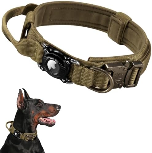2026 Upgrade Military Tactical Dog Collar with Waterproof AirTag Holder - Heavy Duty Nylon GPS Tracking Collar with Control Handle & Metal Buckle for Medium Large Dogs (Khaki, L)