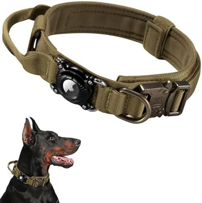 2026 Upgrade Military Tactical Dog Collar with Waterproof AirTag Holder - Heavy Duty Nylon GPS Tracking Collar with Control Handle & Metal Buckle for Medium Large Dogs (Khaki, L)