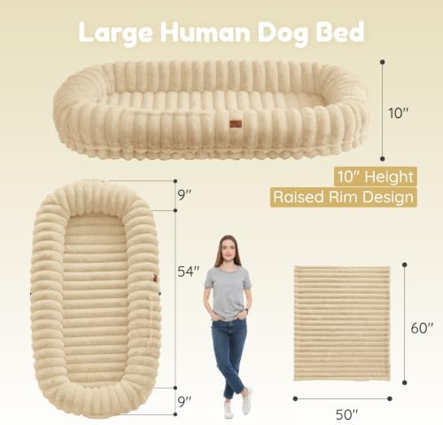 ChiXnuggle Orthopedic Human Dog Bed,Striped Faux Fur Washable Cover,Blanket