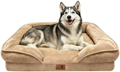 Spotted Play Orthopedic Dog Bed with Sides - Sofa Beds for Large Dogs, Supportive Foam Pet Couch Bed with Washable Removable Cover, Waterproof Lining and Non-Slip Bottom, Brown - L-Plus