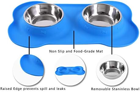 Hubulk Pet Dog Bowls 2 Stainless Steel Dog Bowl with No Spill Non-Skid Silicone Mat + Pet Food Scoop Water and Food Feeder Bowls for Feeding Small Medium Large Dogs Cats Puppies (Small, Blue)