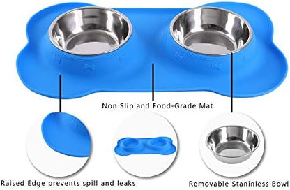 Hubulk Pet Dog Bowls 2 Stainless Steel Dog Bowl with No Spill Non-Skid Silicone Mat + Pet Food Scoop Water and Food Feeder Bowls for Feeding Small Medium Large Dogs Cats Puppies (Small, Blue)