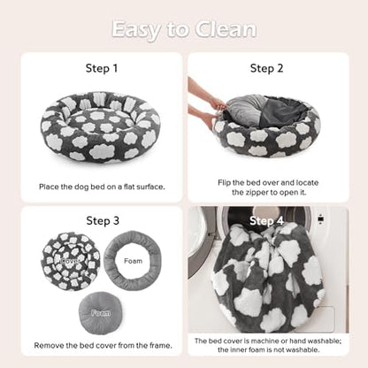 JOEJOY Jacquard Donut Round Dog Beds Medium Sized Dog,Grey 30x30x8in, Removable Washable Cover, Cute Pattern, Ultra Soft Fluffy Calming Pet Bed with Thick Supportive Bolster