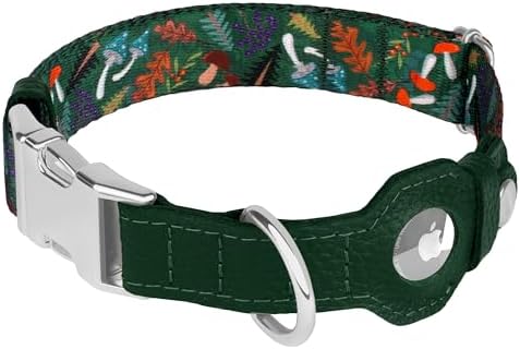 AirTag Dog Collar for Small Medium Large Breed - Adjustable Cute Pattern Dog Collar with Airtag Holder - Soft Leather Tracker GPS Apple Air Tag Pet Collars (Small, 12"-15" Neck Fit, Mushroom)