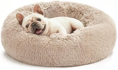 Love's cabin Calming Dog & Cat Bed, Cat Bed for Indoor Cats, Anti-Anxiety Donut Round Bed, Fluffy Warming Pet Bed for Small Medium Dogs and Cats, Beige Taupe 20"/24"