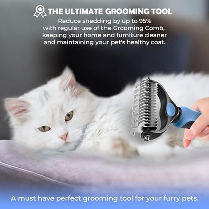 Undercoat Rake for Dogs & Cats, Dematting Comb with Extra Wide Double-Sided Stainless Steel Teeth for Detangling, Deshedding, Brushing, Thinning & Removing Shed Fur, Knots, Mats, and Tangles in Pets