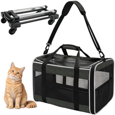 Cat Carriers Dog Pet Carrier for Small Cats Puppies(Up to 33lbs), 16.5x11x11 Inch Airline Approved Pet Carrier with Removable Wheels, Collapsible Travel Carrier with Shoulder Strap