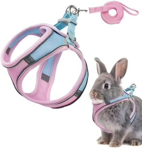 Rabbit Harness and Leash Set Escape Proof, Adjustable Soft Padded Vest, Breathable Mesh Bunny Harness with Reflective Strap, Safe for Small Animals(Pink,S)