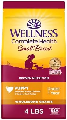 Wellness Complete Health Small Breed Puppy Dry Dog Food, Wholesome Grain Kibble, Natural, Turkey, Oatmeal, and Salmon Recipe, 4 lb Bag