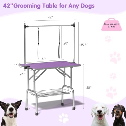 Lyromix 42'' Stainless Steel Pet Dog Grooming Table, Arm/Noose/Tray, Purple