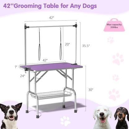 Lyromix 42'' Stainless Steel Pet Dog Grooming Table, Arm/Noose/Tray, Purple