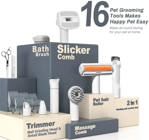 Bunfly Dog Grooming Kit,13000Pa Strong Grooming & Vacuum Suction 99.99% Pet Hair, 16 Pet Grooming Tools for Dogs Cats, 3L Large Capacity Dust Cup, Quiet Pet Vacuum Groomer (Grey)