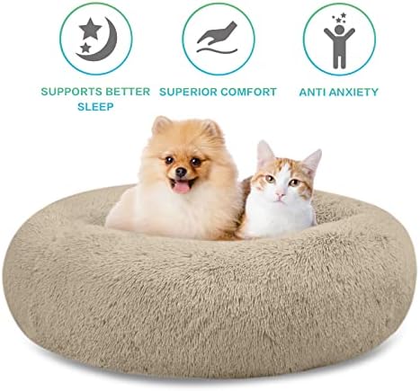 SAVFOX 20 inches Calming Donut Dog Bed - 3X Durable Plush Faux Fur, Machine Washable & Non-Slip, Fits up to 15 lbs, Beige