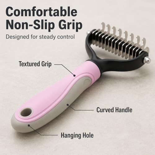Pet Pro Grooming Tool, 2-In-1 Double-Sided Grooming Tool, Sided Deshedding Dematting Tool, Undercoat Rake for Dogs & Cats, Extra-Wide Dog Grooming Brush & Deshedder Comb for Long Hair(Blue + Pink)