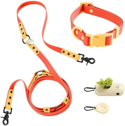 Medium Luna 8FT Adjustable 6-in-1 Waterproof Hands-Free Leash and Collar Set with LED Flashlight, Waste Bag Dispenser, and Poop Bag Holder, Orange, Aperol WLK1005A-5SET