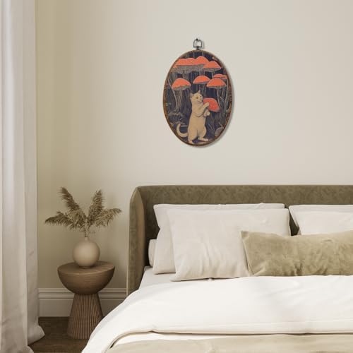 Vintage Cat Mushroom Oval Framed Wall Art, Whimsical Cat Canvas Art Wall Decor，Fantasy Forest Hanging Decor Painting Artwork for Home Office Bathroom Living Room Bedroom Decoration 8.3x12inch
