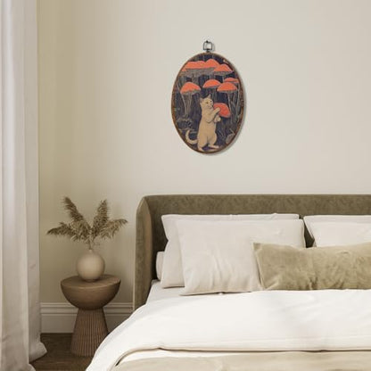 Vintage Cat Mushroom Oval Framed Wall Art, Whimsical Cat Canvas Art Wall Decor，Fantasy Forest Hanging Decor Painting Artwork for Home Office Bathroom Living Room Bedroom Decoration 8.3x12inch