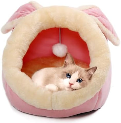 Cat Beds for Indoor Cats-Rabbit-Shaped Cat Cave Bed with Hanging Toy,Pink M