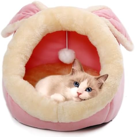 Cat Beds for Indoor Cats-Rabbit-Shaped Cat Cave Bed with Hanging Toy,Pink L