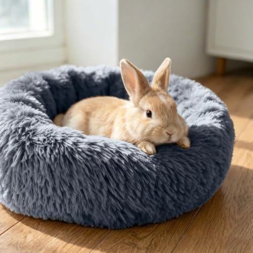 Rabbit Bed, Long Plush Donut Shaped Washable Bunny Hideout Soft Pet Bedding Mat for Guinea Pig, Kitten, Chihuahua & Small Pets for Snuggling Resting - Gray