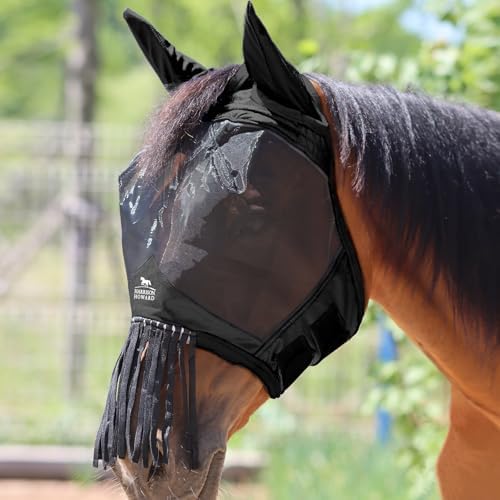 Harrison Howard CareMaster Horse Fly Mask with Ears and Nose Fringe Fly Protector Defender Mask Piano Black M Cob