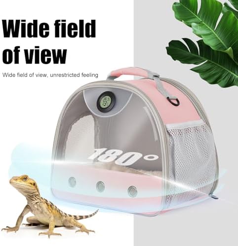 Bearded Dragon Carrier, Reptile Travel Bag with Built-in Thermometer Hygrometer, Breathable Small Animal Carrier with Clear View Window, Portable Guinea Pig Carrier for Gecko, Snake, Hamster