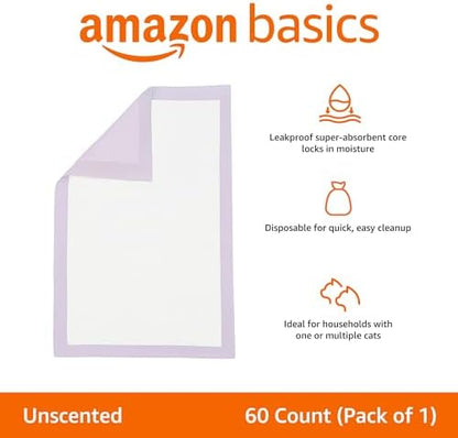 Amazon Basics Cat Pee Pads, Odor Control, Super Absorbent, Disposable, Universal Fit for Litter Box, Unscented, Multi Cat, White/Purple, 60 Count