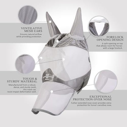 Harrison Howard Full Face Horse Fly Mask UV Protection and Breathable for Equine Use Comfortable Grey L